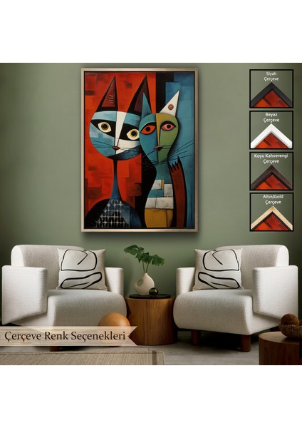 Çerçeveli Dekoratif Kanvas Tablo, Pablo Picasso Tarzı - Soyut Renkli Kedi TABLO-7370