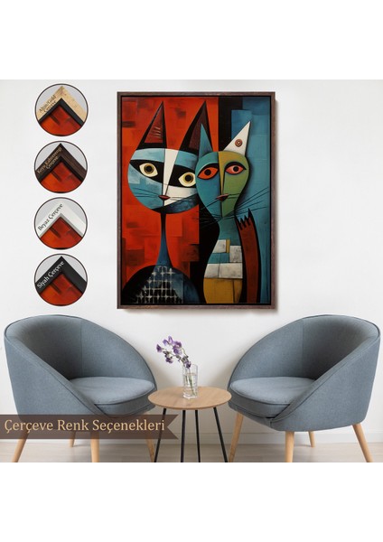 Çerçeveli Dekoratif Kanvas Tablo, Pablo Picasso Tarzı - Soyut Renkli Kedi TABLO-7370