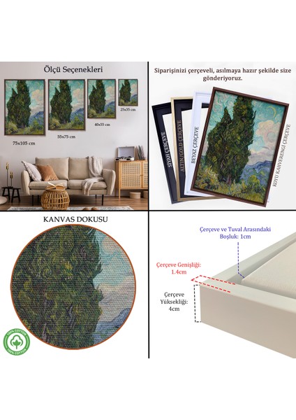 Çerçeveli Dekoratif Kanvas Tablo, Vincent Van Gogh - Selviler Tablosu - CYPRESSES-7475 indirimleri