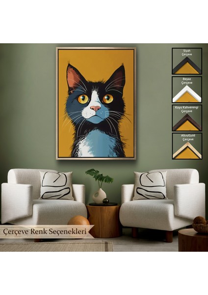 Çerçeveli Dekoratif Kanvas Tablo, Soyut Renkli Kedi TABLO-7612