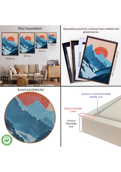 Çerçeveli Dekoratif Kanvas Tablo, Dağların Arasındaki Soyut Güneş Manzara TABLO-7620 indirimleri