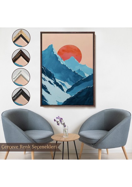 Çerçeveli Dekoratif Kanvas Tablo, Dağların Arasındaki Soyut Güneş Manzara TABLO-7620