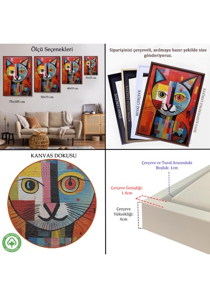 Çerçeveli Dekoratif Kanvas Tablo, Pablo Picasso Tarzı - Soyut Renkli Kedi TABLO-7372 indirimleri