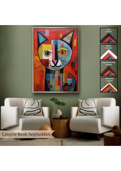 Çerçeveli Dekoratif Kanvas Tablo, Pablo Picasso Tarzı - Soyut Renkli Kedi TABLO-7372