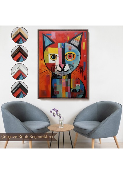 Çerçeveli Dekoratif Kanvas Tablo, Pablo Picasso Tarzı - Soyut Renkli Kedi TABLO-7372