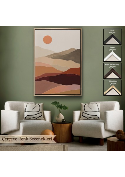 Çerçeveli Dekoratif Kanvas Tablo, Dağların Üstündeki Soyut Güneş Manzarası TABLO-7661