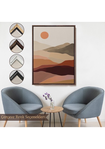 Çerçeveli Dekoratif Kanvas Tablo, Dağların Üstündeki Soyut Güneş Manzarası TABLO-7661