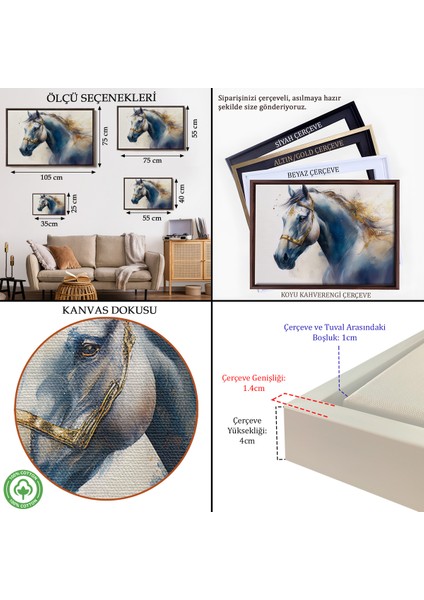 Çerçeveli Dekoratif Kanvas Tablo, Altın Detaylı Beyaz At TABLOSU-7278 indirimleri