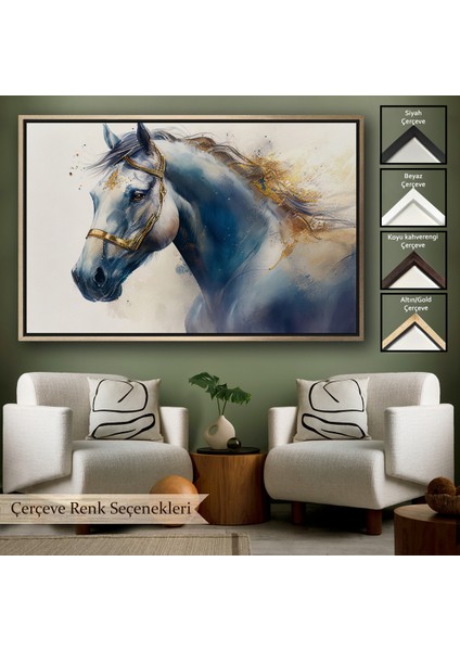 Çerçeveli Dekoratif Kanvas Tablo, Altın Detaylı Beyaz At TABLOSU-7278