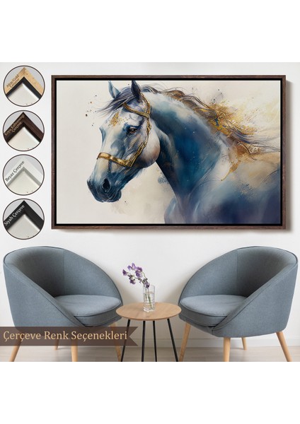 Çerçeveli Dekoratif Kanvas Tablo, Altın Detaylı Beyaz At TABLOSU-7278