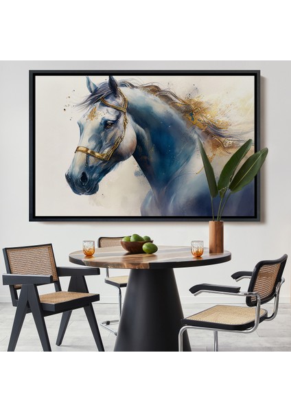 Çerçeveli Dekoratif Kanvas Tablo, Altın Detaylı Beyaz At TABLOSU-7278