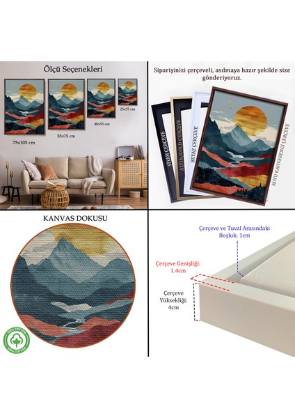 Çerçeveli Dekoratif Kanvas Tablo, Dağların Üstündeki Güneş Manzarası TABLO-7649 indirimleri