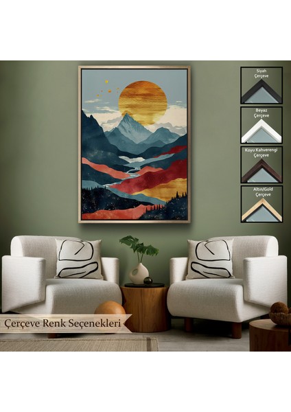 Çerçeveli Dekoratif Kanvas Tablo, Dağların Üstündeki Güneş Manzarası TABLO-7649