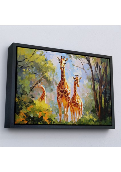 Çerçeveli Dekoratif Kanvas Tablo, Ormandaki Ağaçların Altında Dinlenen Zürafa Aile TABLOSU-7228 modelleri