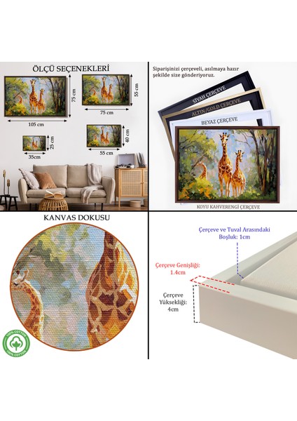 Çerçeveli Dekoratif Kanvas Tablo, Ormandaki Ağaçların Altında Dinlenen Zürafa Aile TABLOSU-7228 indirimleri