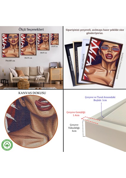 Çerçeveli Dekoratif Kanvas Tablo, Gözlüklü Kadın TABLOSU-7719 indirimleri