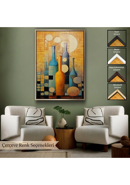 Çerçeveli Dekoratif Kanvas Tablo, Soyut Şarap Şişeler TABLOSU-7539