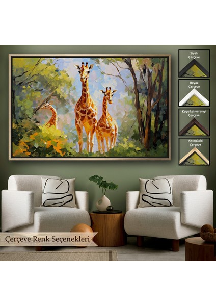 Çerçeveli Dekoratif Kanvas Tablo, Ormandaki Ağaçların Altında Dinlenen Zürafa Aile TABLOSU-7228