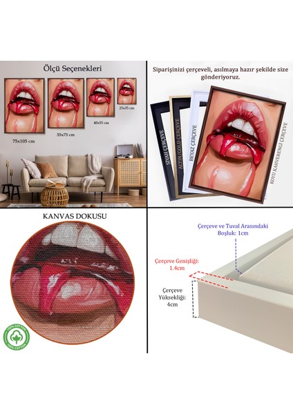 Çerçeveli Dekoratif Kanvas Tablo, Seksi Dudak TABLOSU-7698 indirimleri