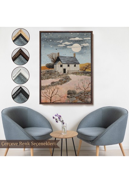 Çerçeveli Dekoratif Kanvas Tablo, Köy Evi Gece Manzarası TABLO-7517