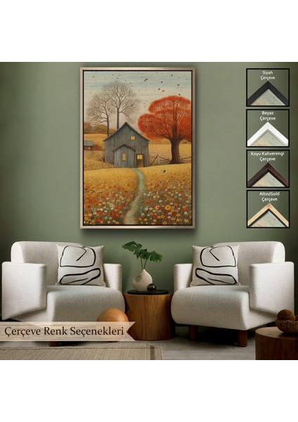 Çerçeveli Dekoratif Kanvas Tablo, Çayırdaki Ahır Evi TABLOSU-7531