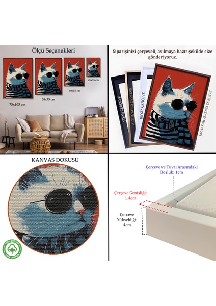 Çerçeveli Dekoratif Kanvas Tablo, Cool Kedi TABLO-7577 indirimleri