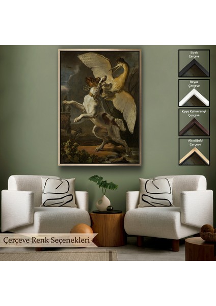 Çerçeveli Dekoratif Kanvas Tablo, Abraham Hondius - Kuşa Saldıran Köpek- Dog Fighting A HERON-7281