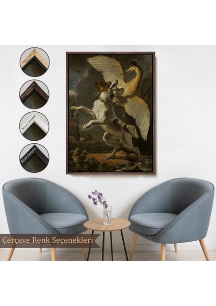 Çerçeveli Dekoratif Kanvas Tablo, Abraham Hondius - Kuşa Saldıran Köpek- Dog Fighting A HERON-7281