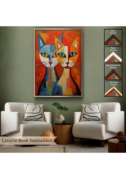 Çerçeveli Dekoratif Kanvas Tablo, Pablo Picasso Tarzı - Soyut Renkli Kediler TABLO-7369