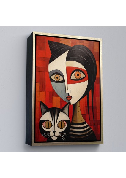 Çerçeveli Dekoratif Kanvas Tablo, Pablo Picasso Tarzı - Soyut Renkli Kadın ve Kedi TABLO-7376 modelleri