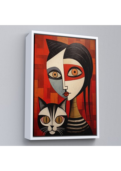 Çerçeveli Dekoratif Kanvas Tablo, Pablo Picasso Tarzı - Soyut Renkli Kadın ve Kedi TABLO-7376 fırsatları