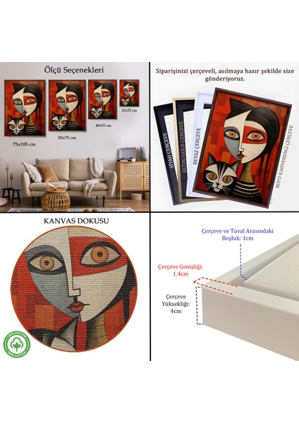 Çerçeveli Dekoratif Kanvas Tablo, Pablo Picasso Tarzı - Soyut Renkli Kadın ve Kedi TABLO-7376 indirimleri