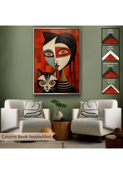 Çerçeveli Dekoratif Kanvas Tablo, Pablo Picasso Tarzı - Soyut Renkli Kadın ve Kedi TABLO-7376