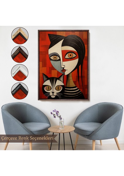 Çerçeveli Dekoratif Kanvas Tablo, Pablo Picasso Tarzı - Soyut Renkli Kadın ve Kedi TABLO-7376