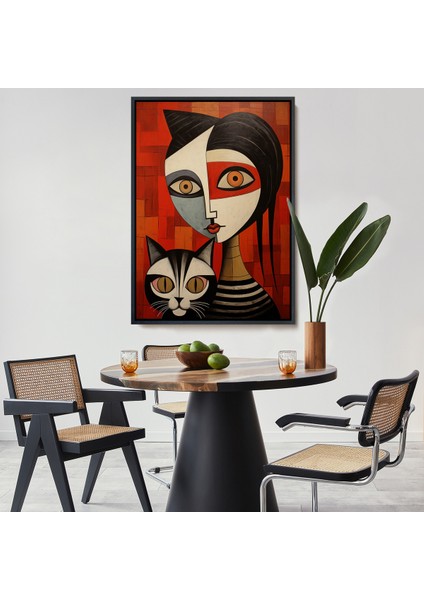 Çerçeveli Dekoratif Kanvas Tablo, Pablo Picasso Tarzı - Soyut Renkli Kadın ve Kedi TABLO-7376