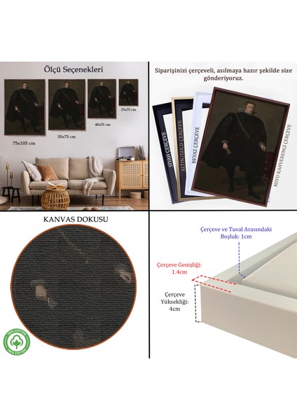 Çerçeveli Dekoratif Kanvas Tablo, Velazquez Diego - Philip Iv Ispanya ve Portekiz Kralı TABLOSU-7368 indirimleri