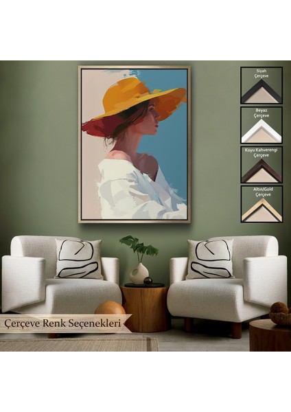 Çerçeveli Dekoratif Kanvas Tablo, Sarı Şapkalı Soyut Kadın TABLO-7631