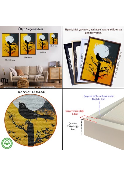 Çerçeveli Dekoratif Kanvas Tablo, Ağaç Üstündeki Soyut Kuş TABLOSU-7660 indirimleri