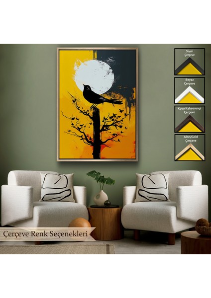 Çerçeveli Dekoratif Kanvas Tablo, Ağaç Üstündeki Soyut Kuş TABLOSU-7660