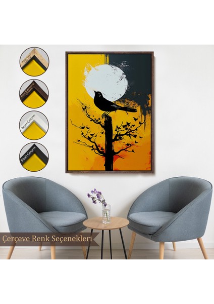 Çerçeveli Dekoratif Kanvas Tablo, Ağaç Üstündeki Soyut Kuş TABLOSU-7660
