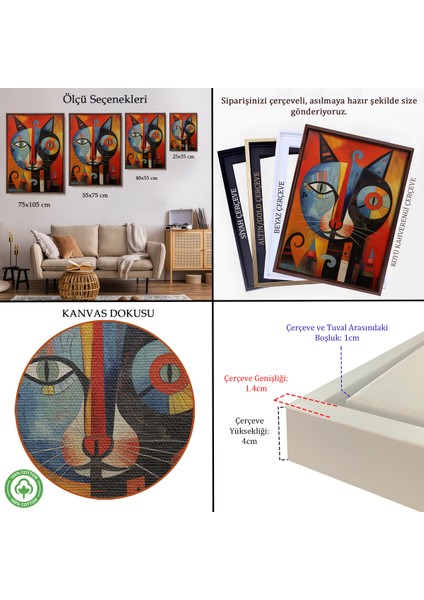Çerçeveli Dekoratif Kanvas Tablo, Pablo Picasso Tarzı - Soyut Renkli Kedi TABLO-7371 indirimleri
