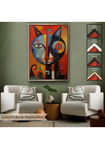 Çerçeveli Dekoratif Kanvas Tablo, Pablo Picasso Tarzı - Soyut Renkli Kedi TABLO-7371
