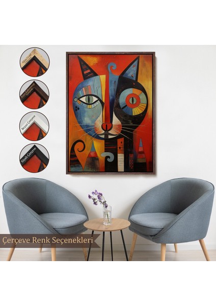 Çerçeveli Dekoratif Kanvas Tablo, Pablo Picasso Tarzı - Soyut Renkli Kedi TABLO-7371
