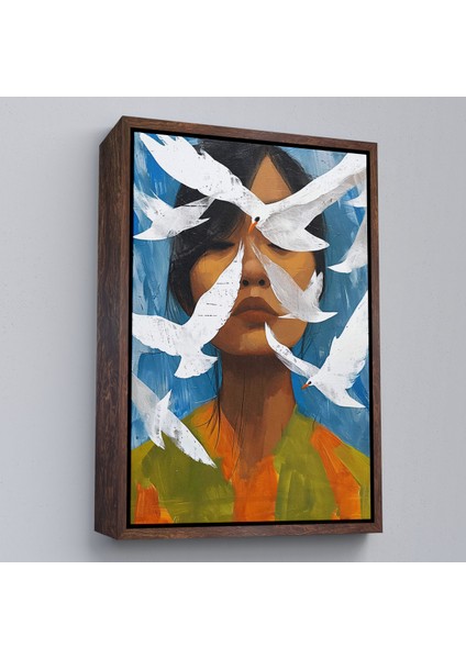 Çerçeveli Dekoratif Kanvas Tablo, Beyaz Kuşlar ve Asyalı Kadın TABLO-7630