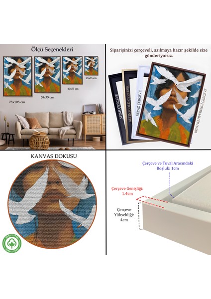 Çerçeveli Dekoratif Kanvas Tablo, Beyaz Kuşlar ve Asyalı Kadın TABLO-7630 indirimleri