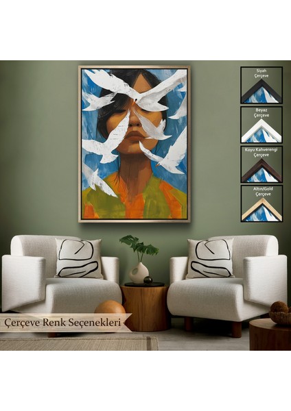 Çerçeveli Dekoratif Kanvas Tablo, Beyaz Kuşlar ve Asyalı Kadın TABLO-7630