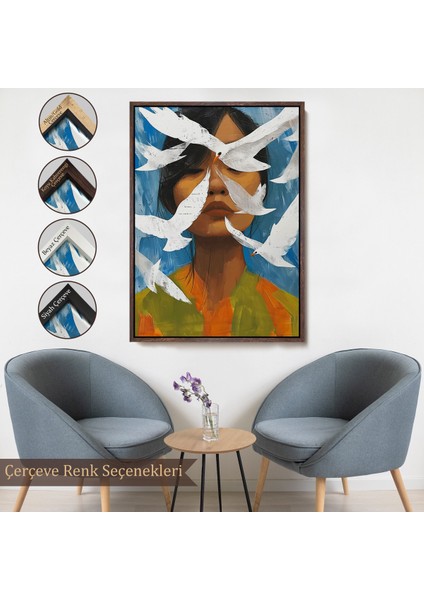Çerçeveli Dekoratif Kanvas Tablo, Beyaz Kuşlar ve Asyalı Kadın TABLO-7630