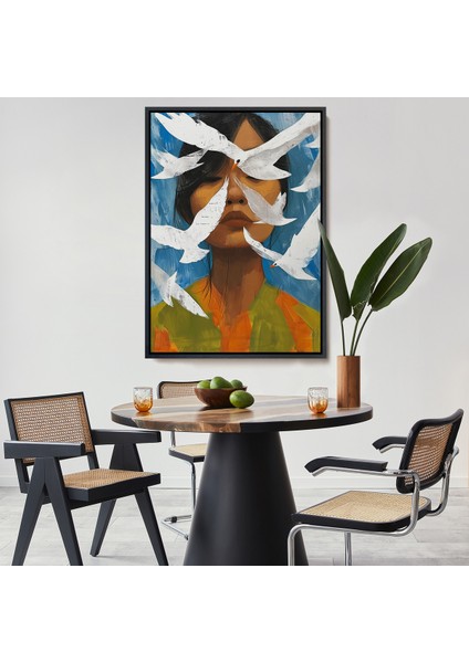 Çerçeveli Dekoratif Kanvas Tablo, Beyaz Kuşlar ve Asyalı Kadın TABLO-7630