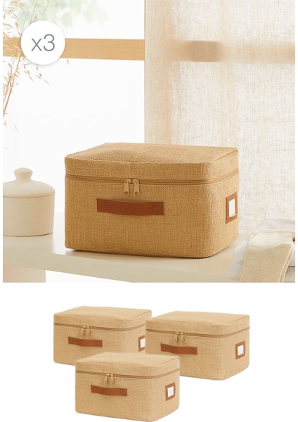 Küçük Boy Jüt Kumaş Valiz Düzenleyici Hurç, 30X22X18, 3 Adet Bej Renk