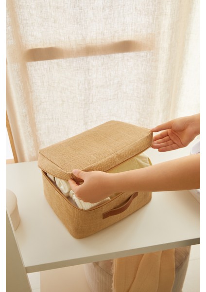 Küçük Boy Jüt Kumaş Valiz Düzenleyici Hurç, 30X22X18, 3 Adet Bej Renk modelleri